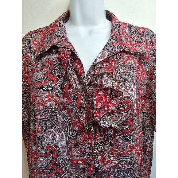 St. John Cropped‎ Red Multi Paisley Print Button Front Blouse SZ 14 SEE BUTTONS - Picture 2 of 8